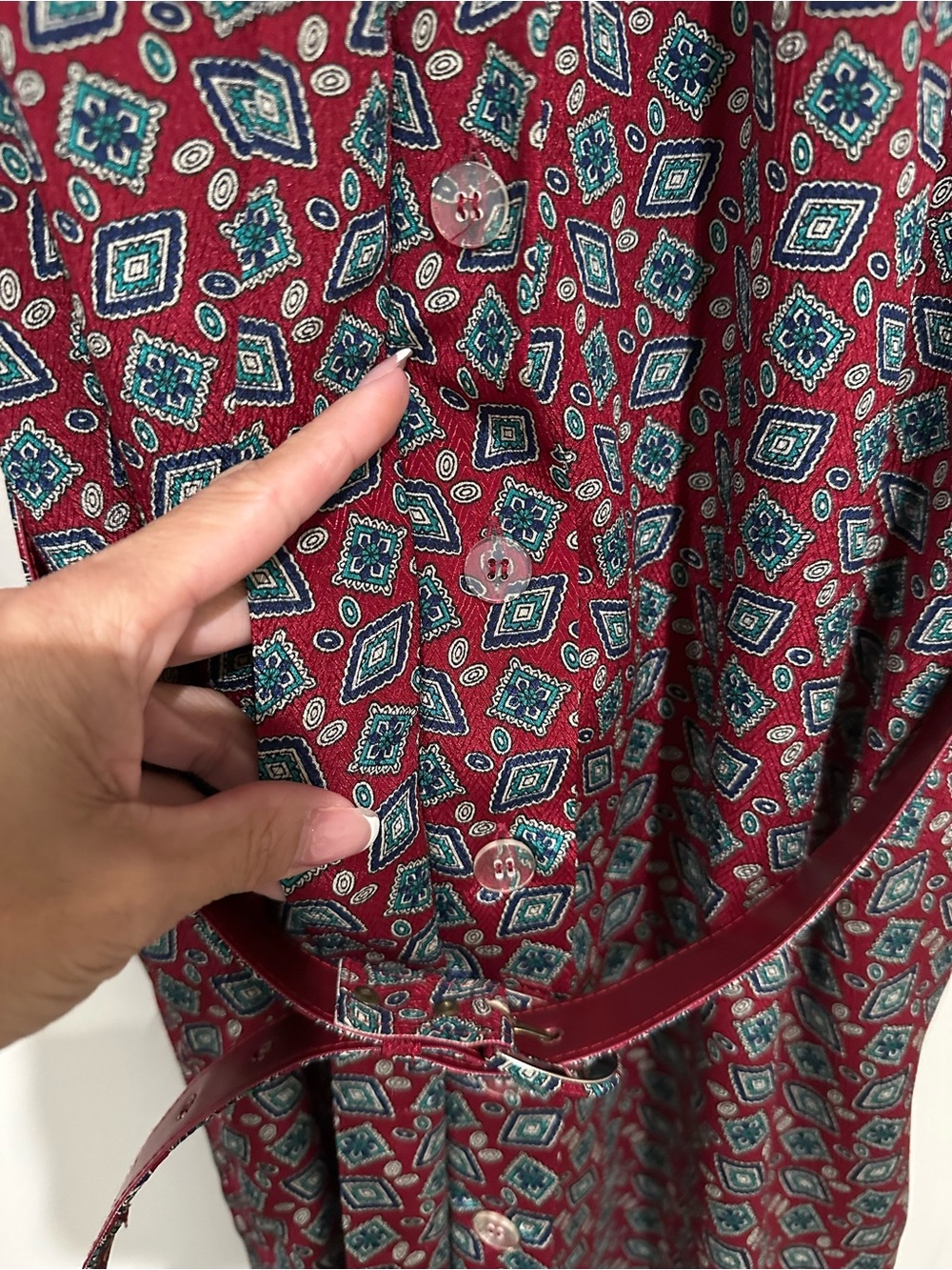 Vintage Schrader Red Geometric Belted Shirt Dress Retro Fits XL Midi Pockets - Picture 13 of 16
